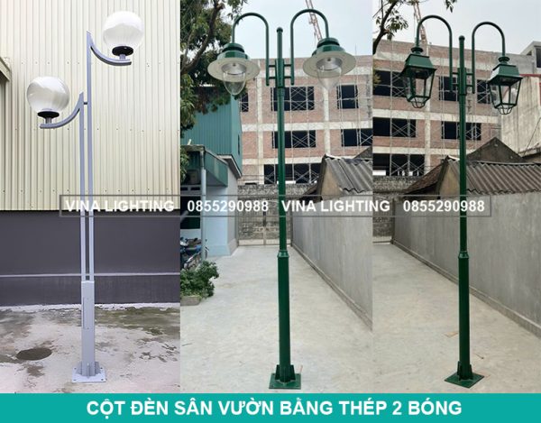 Cot den trang tri san vuon 2 bong bang thep