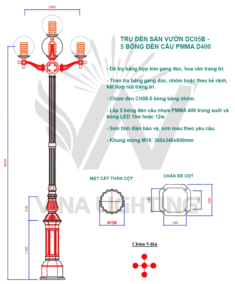 Bản vẽ trụ đèn sân vườn DC05B chùm 5 bóng