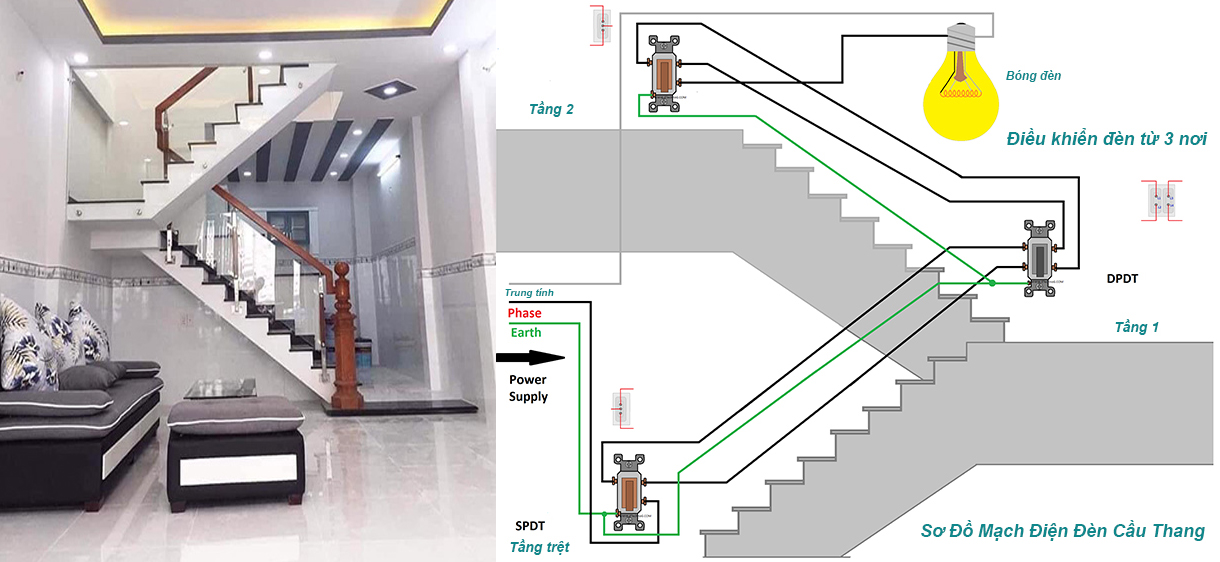 Mẫu Sơ đồ mạch điện đèn cầu thang 2 và 3 đầu