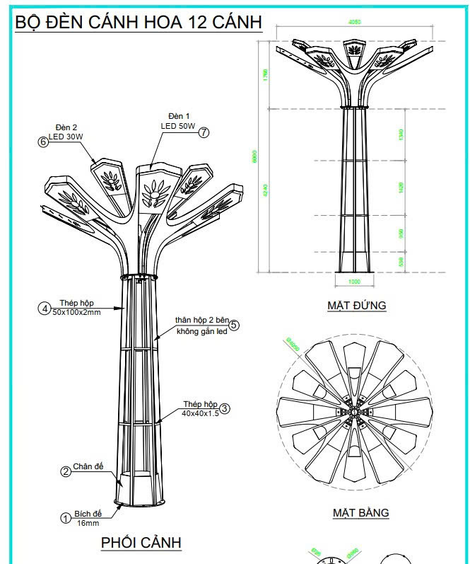 Bản vẽ cột đèn bông hoa 12 cánh