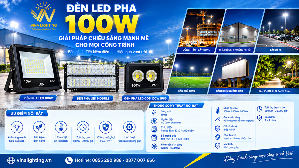 Đèn LED Pha 100W chiếu sáng giá tốt chính hãng Đèn LED Pha 100W